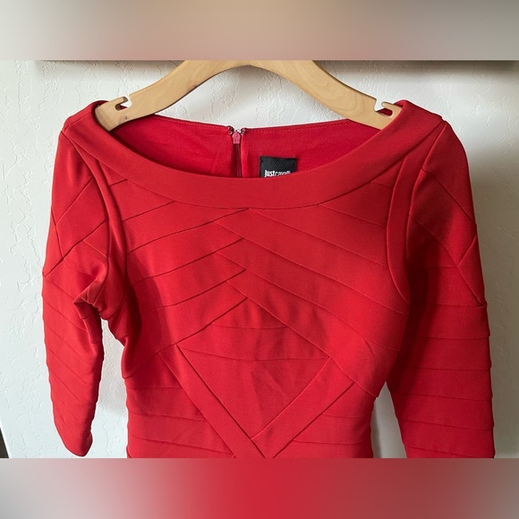 Just Cavalli| Vibrant Red Long Sleeve Top, Structured Bandage Style•••Boatneck - Picture 3 of 10